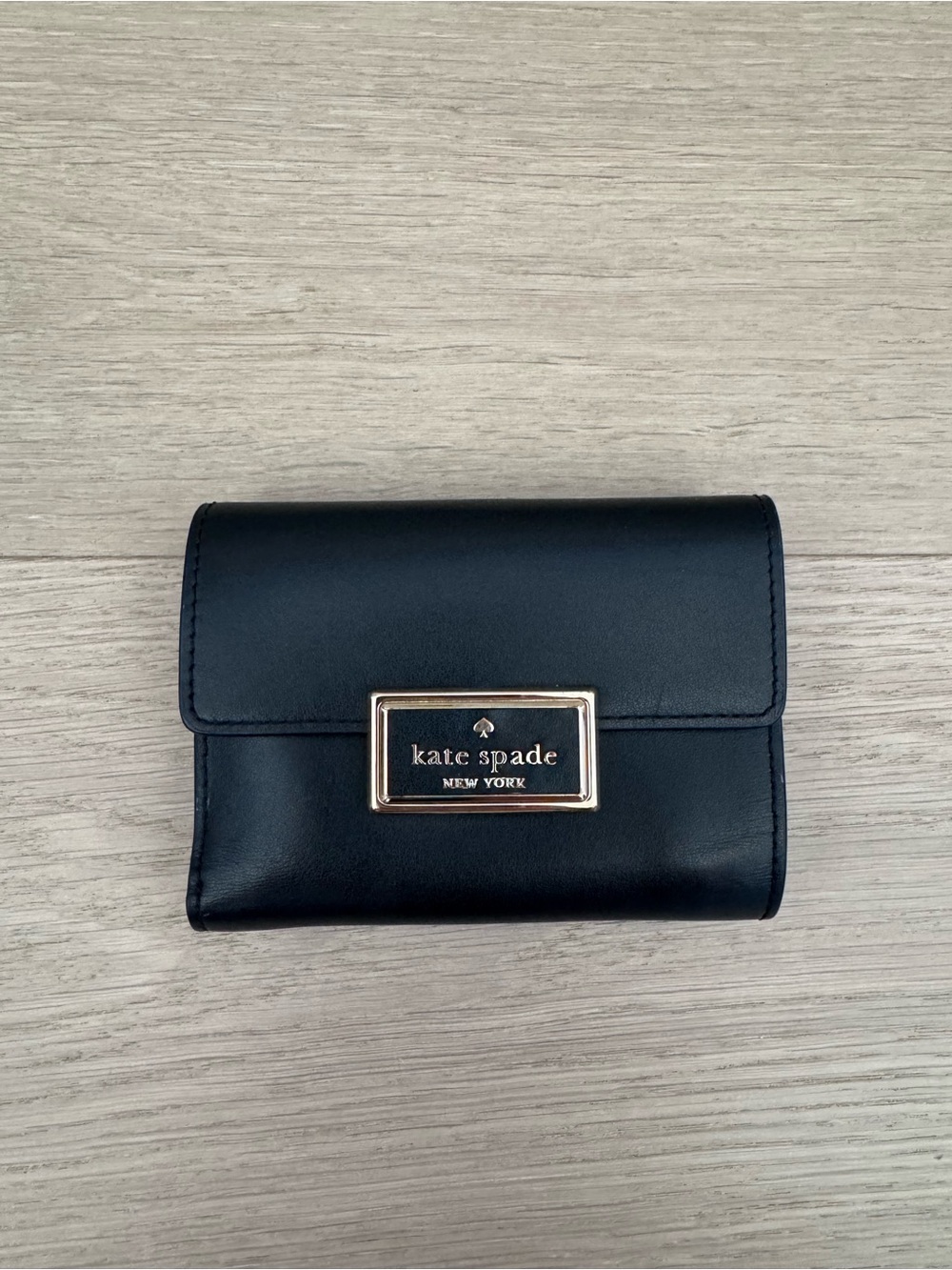Kate Spade Black Leather Trifold Wallet with Gold Plaque